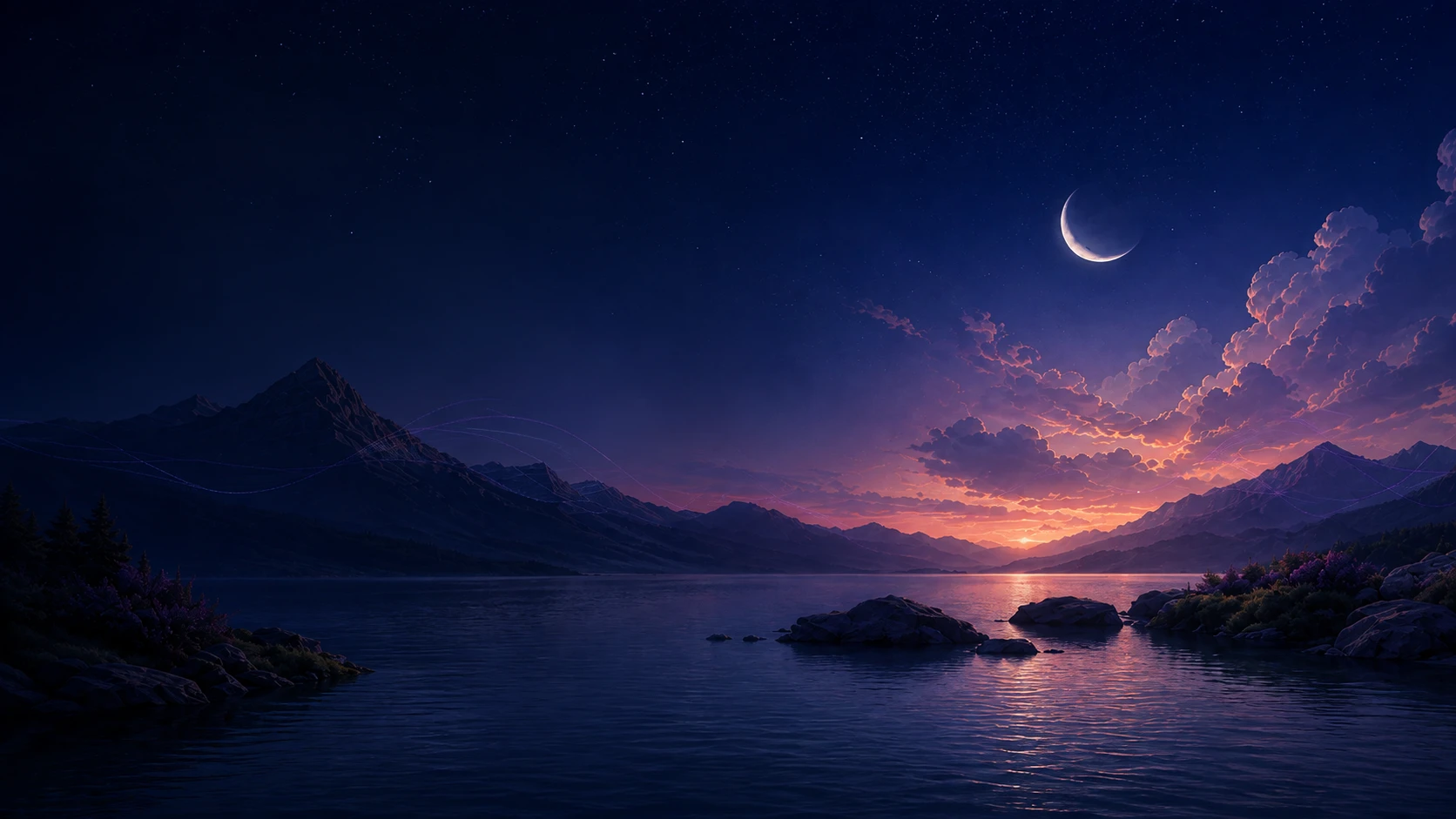 A crescent moon above a still mountain lake at night